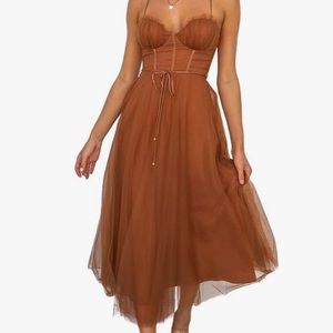 Burnt orange tulle, spaghetti strap dress